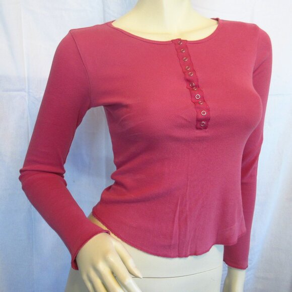Y2K Vintage Express Pink Long Sleeve Henley Top Preppy Indie Sleaze Layering Tee - Picture 6 of 16